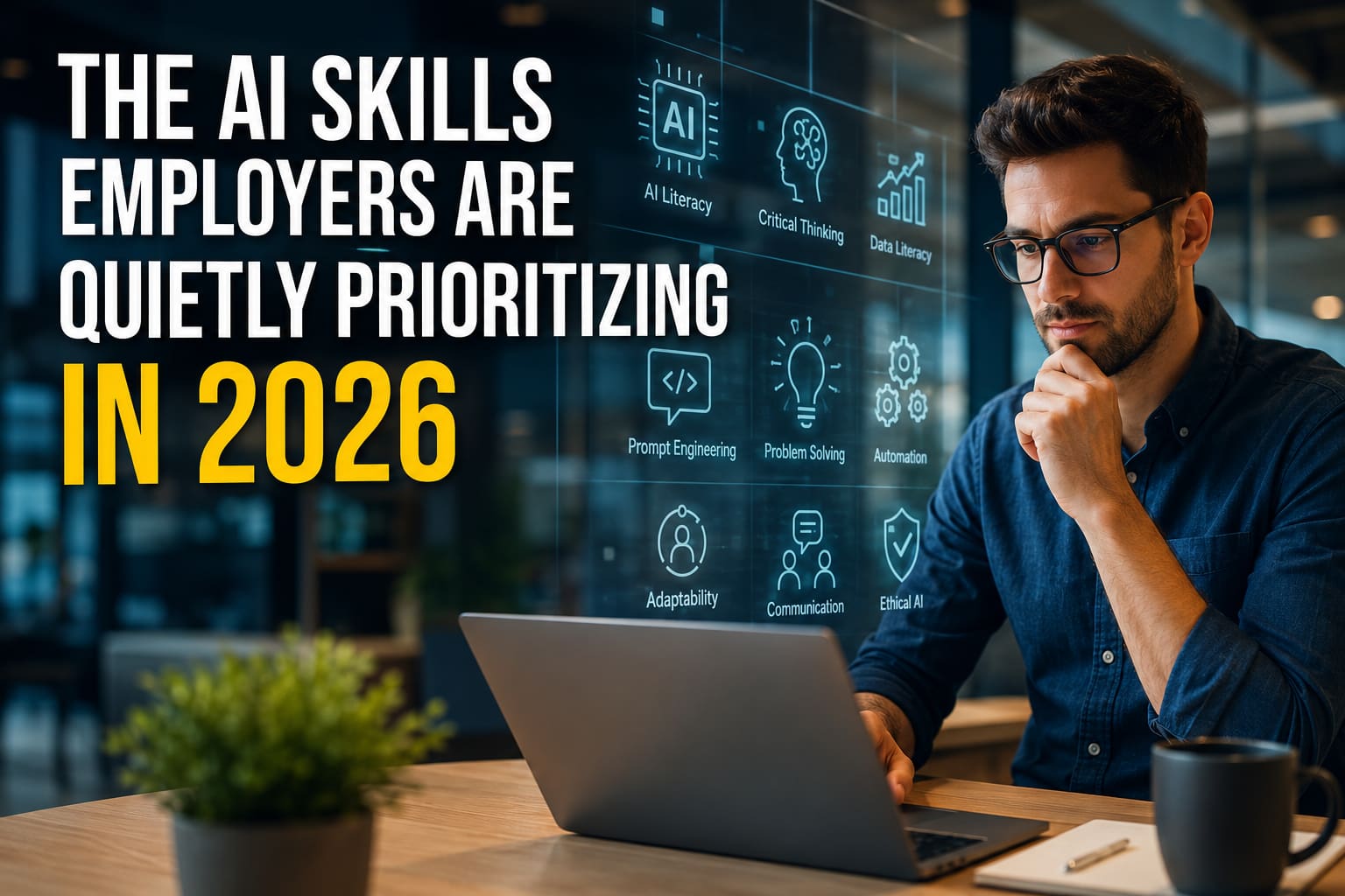 Professional using AI technology and workplace skills in a modern office environment