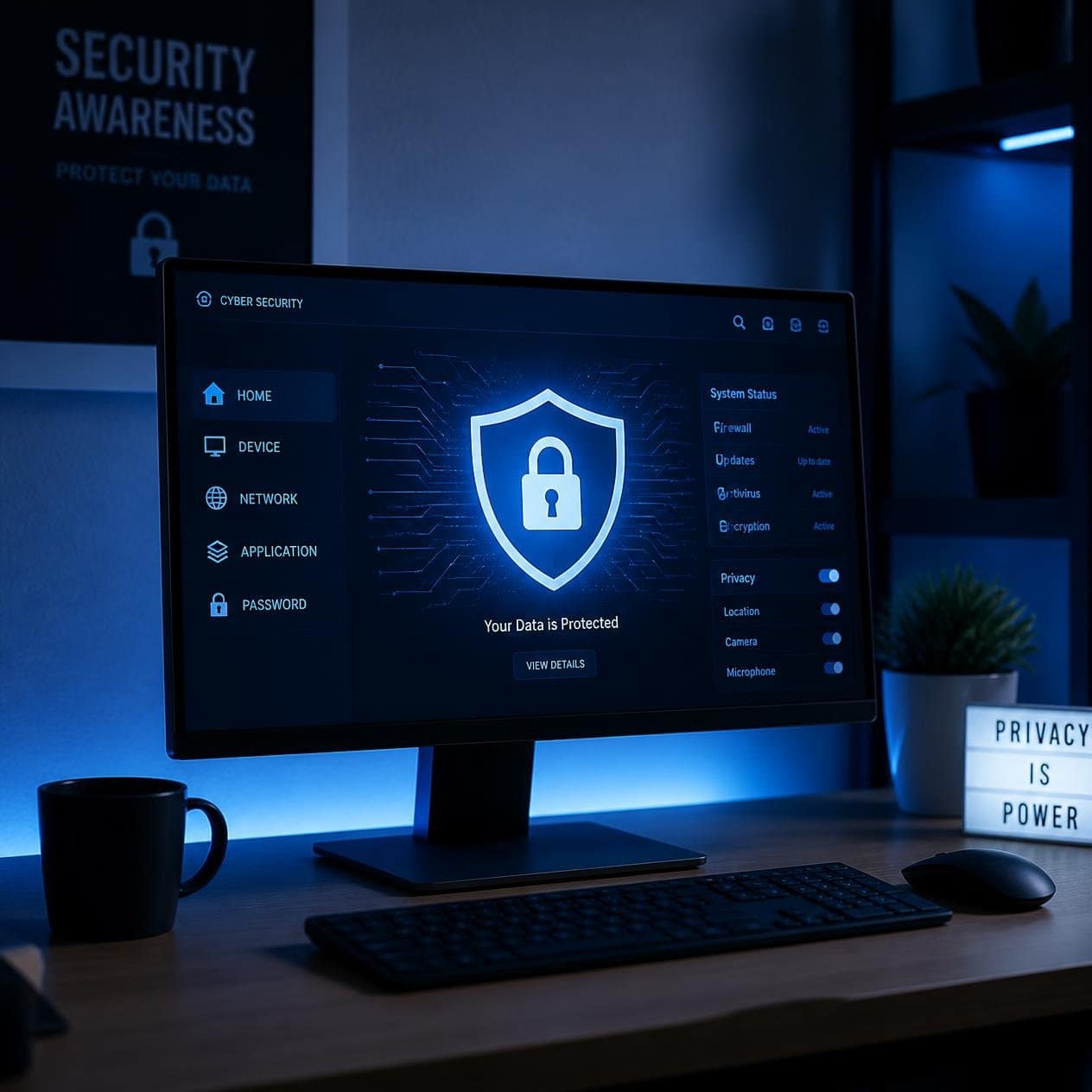 Data protection and cybersecurity concept photo with digital security, locks, shields, encrypted data, secure technology, privacy protection elements