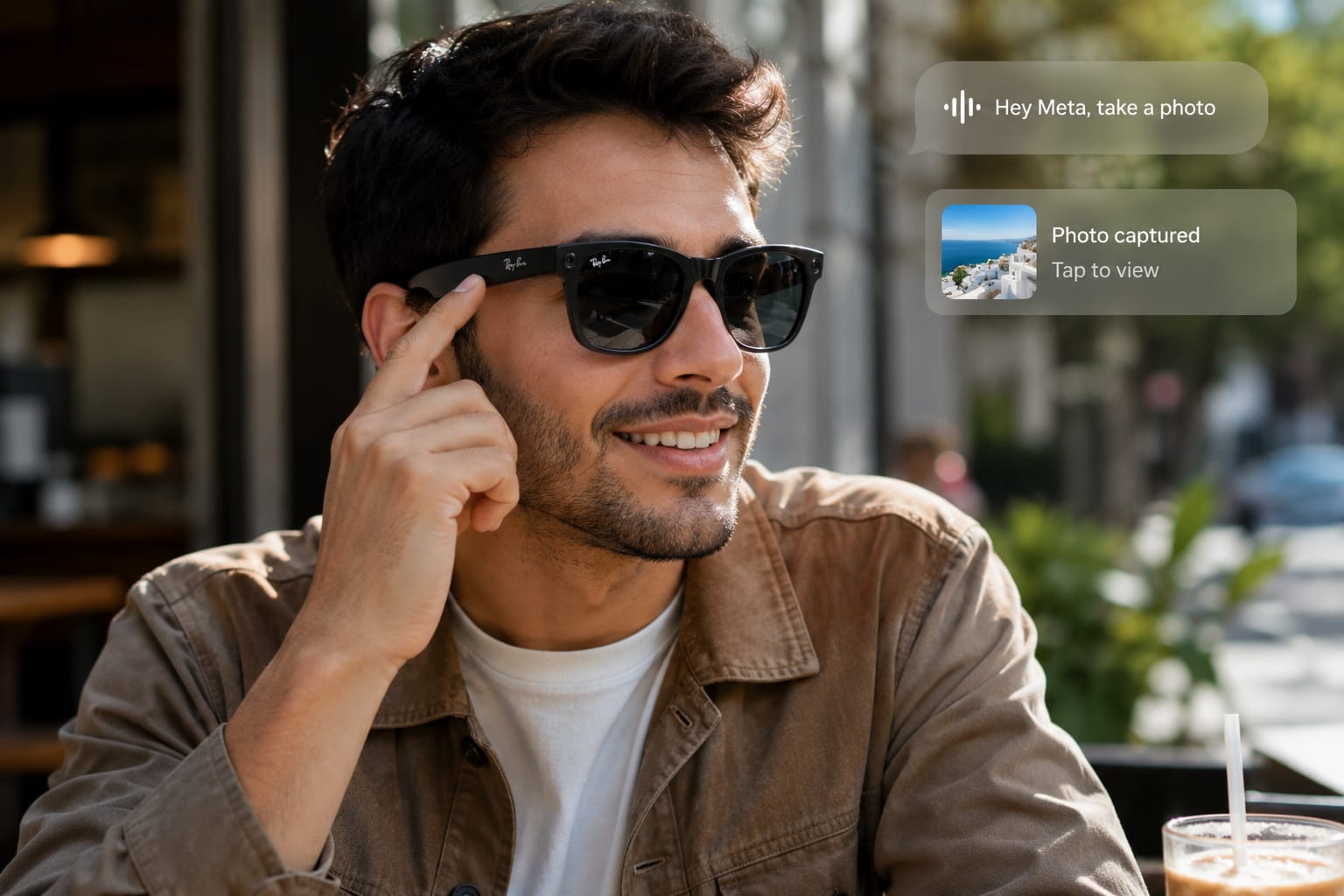 Man wearing smart glasses at an outdoor café while using AI-powered voice commands and hands-free camera features in a real-world lifestyle setting.