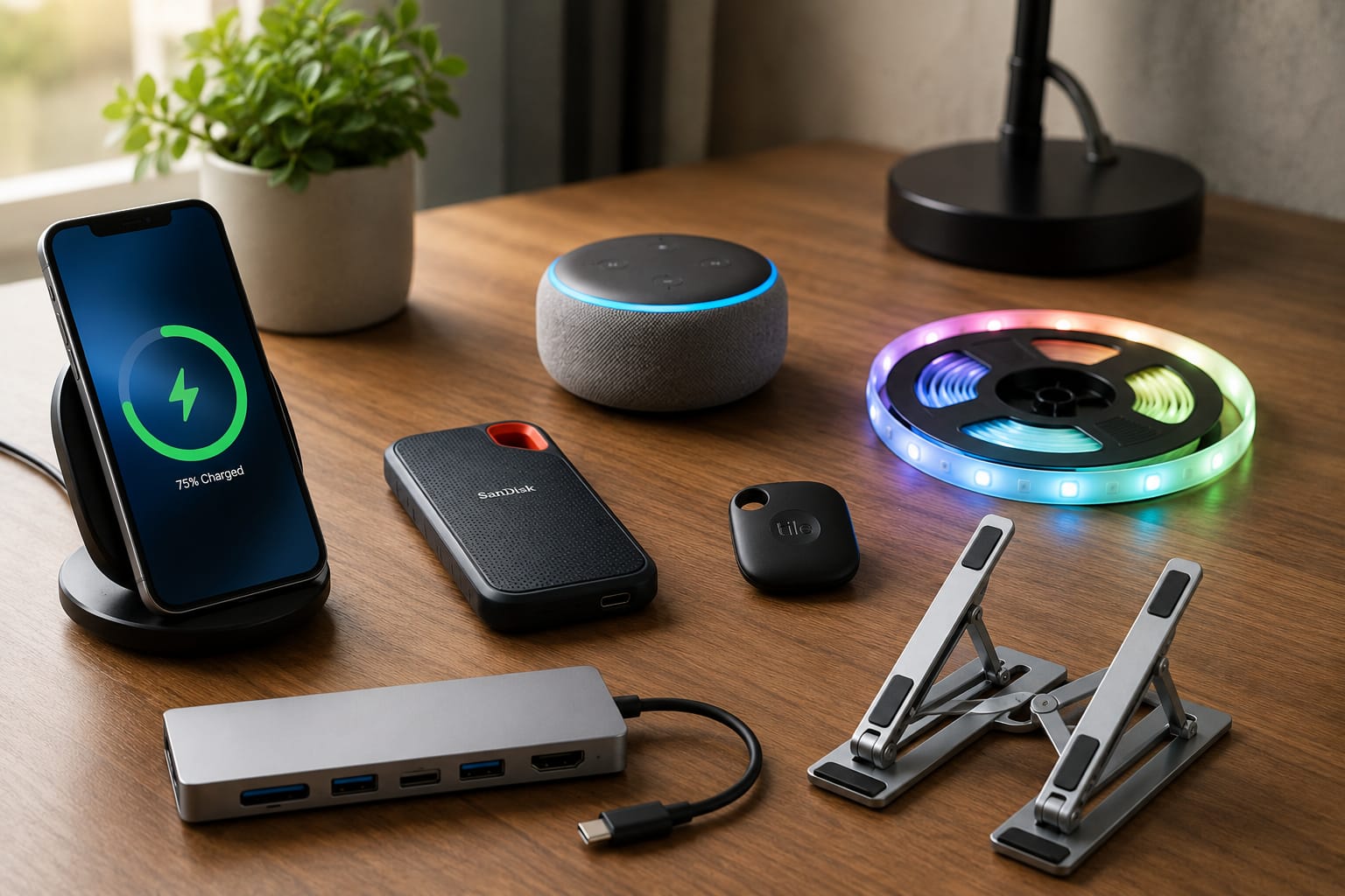 Collection of useful budget tech gadgets including a wireless charger, portable SSD, smart speaker, Bluetooth tracker, USB-C hub, and laptop stand arranged on a modern desk.