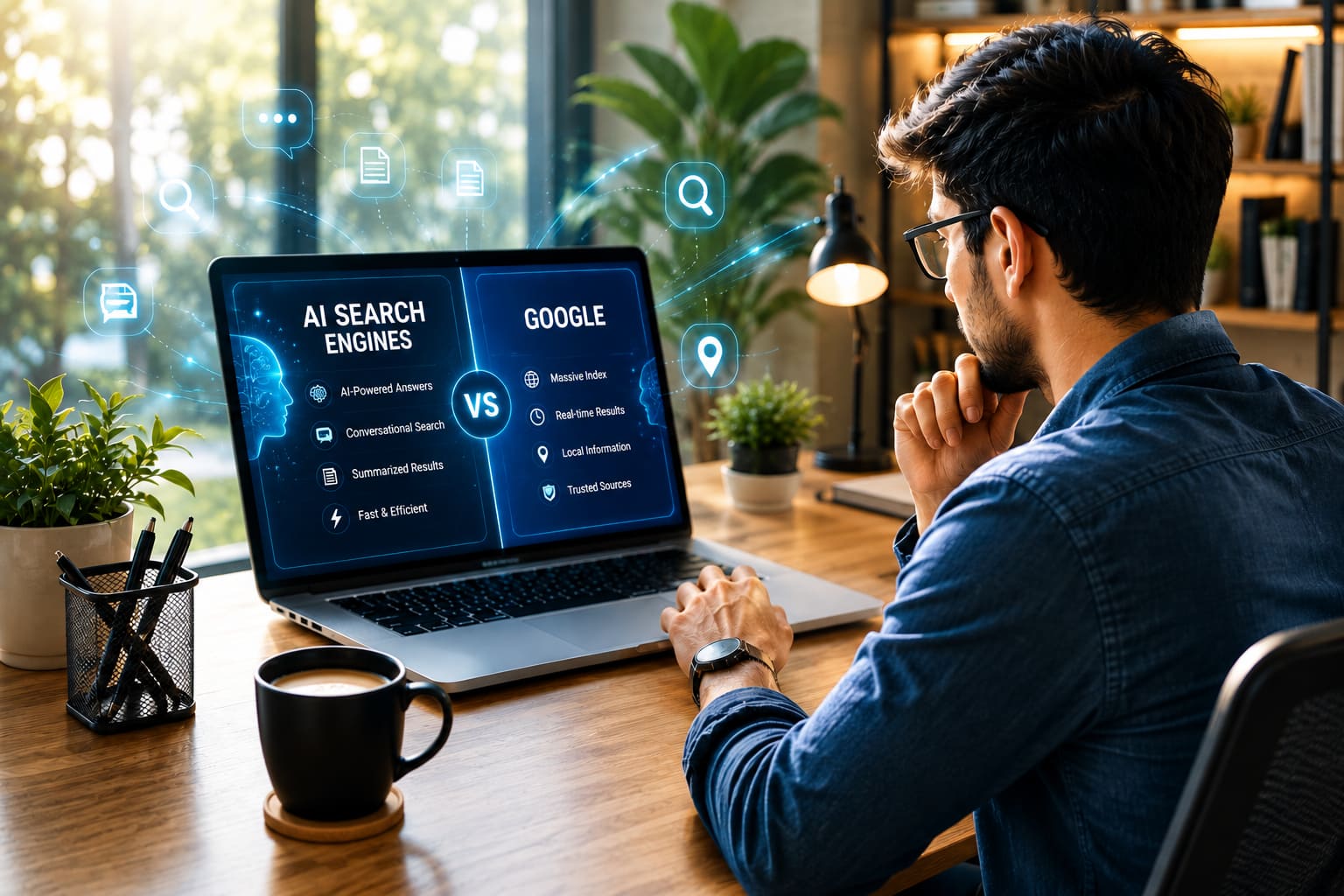 Professional working on a laptop while comparing AI-powered search engines and traditional search methods in a modern office environment with advanced digital technology visuals.