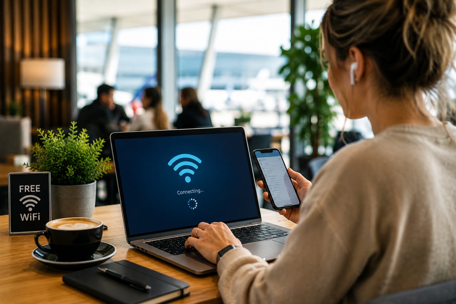 Woman using a laptop and smartphone on a public WiFi network in a modern café while working remotely and managing online activities.