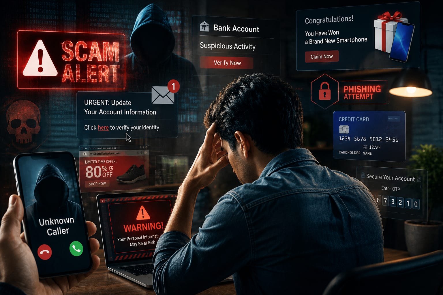 Cybersecurity awareness illustration showing common online scams including phishing emails, fake investment schemes, suspicious calls, scam alerts, and digital fraud threats in 2026.
