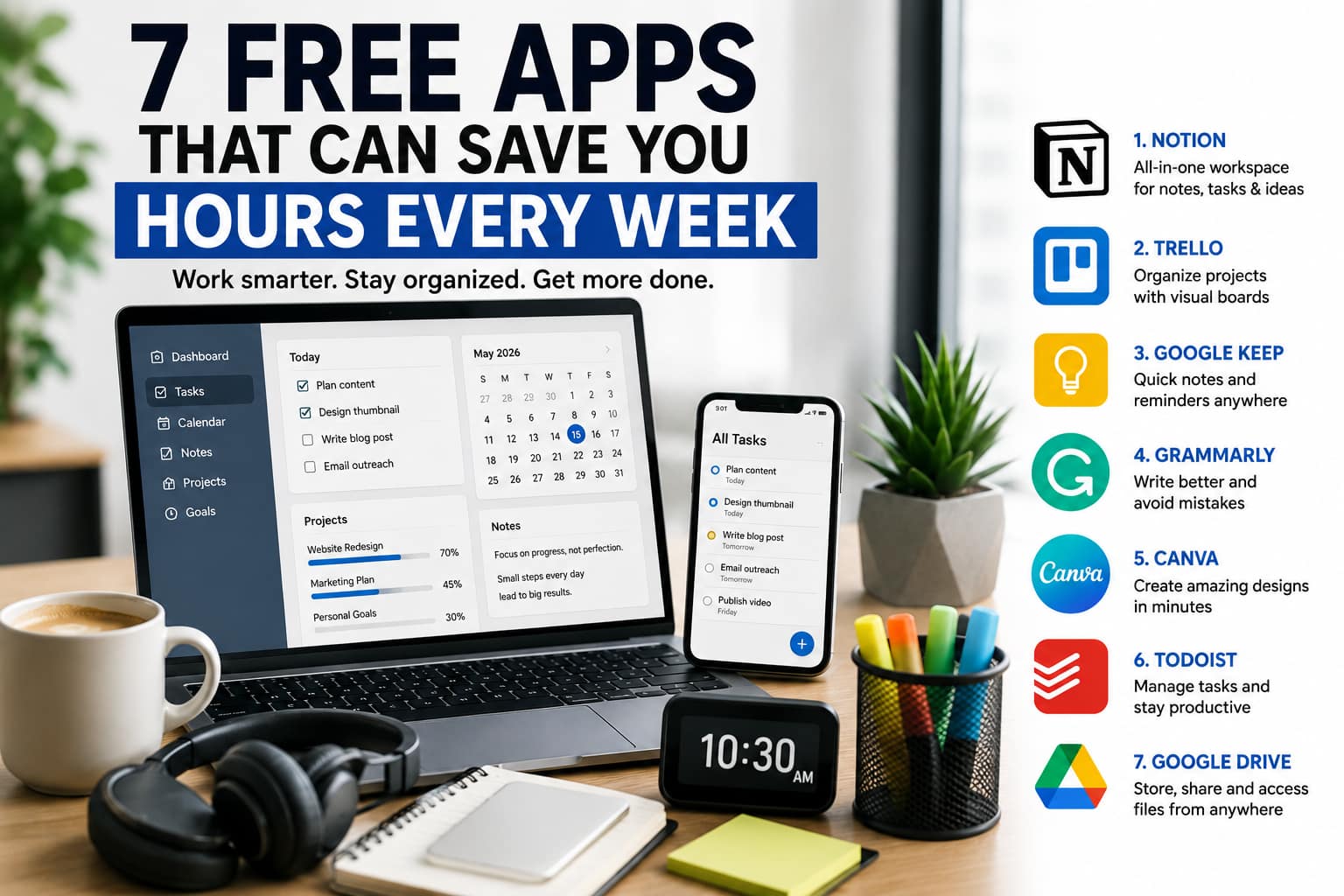 Modern productivity workspace featuring a laptop smartphone headphones digital clock and popular productivity apps including Notion Trello Google Keep Grammarly Canva Todoist and Google Drive.