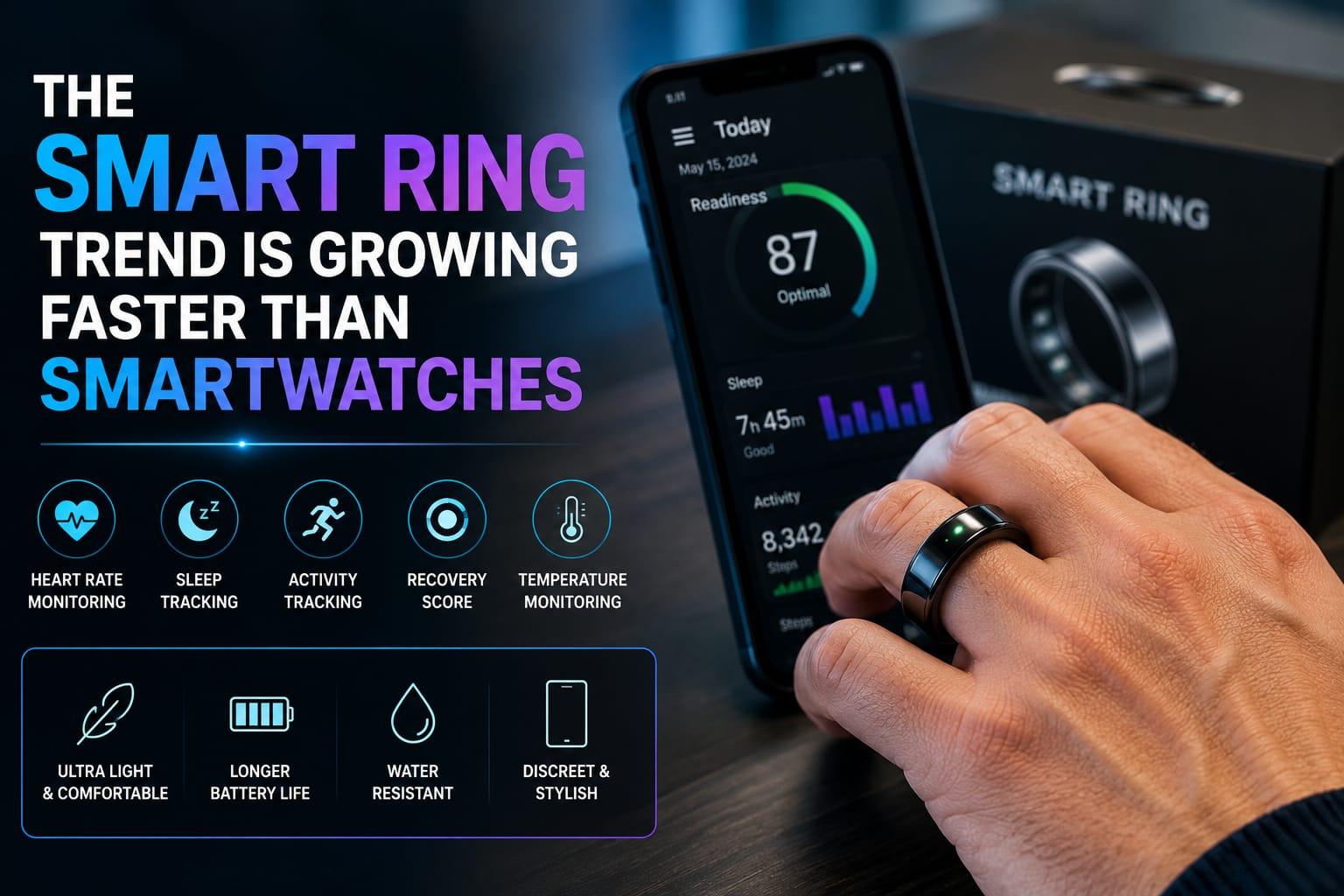 Smart ring connected to a smartphone health tracking app showing sleep monitoring activity tracking recovery scores and wellness insights in a modern wearable technology setup.