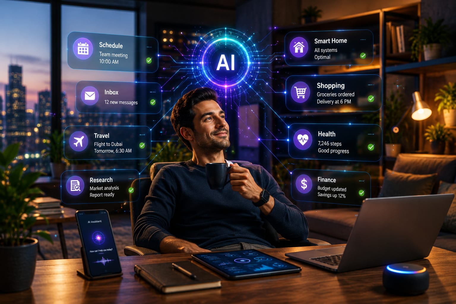 Futuristic AI agent managing daily tasks through smart automation including scheduling shopping travel planning and productivity management in a modern digital workspace.