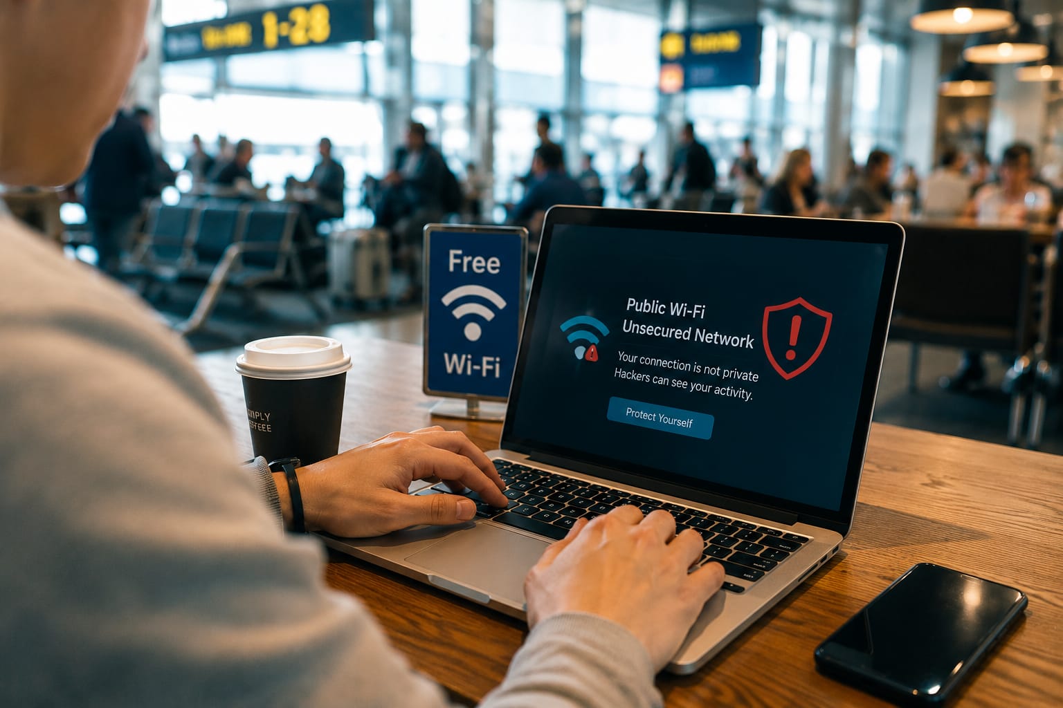 Traveler using public Wi-Fi in an airport while cyber security threats and data protection warnings appear on a laptop screen in 2026