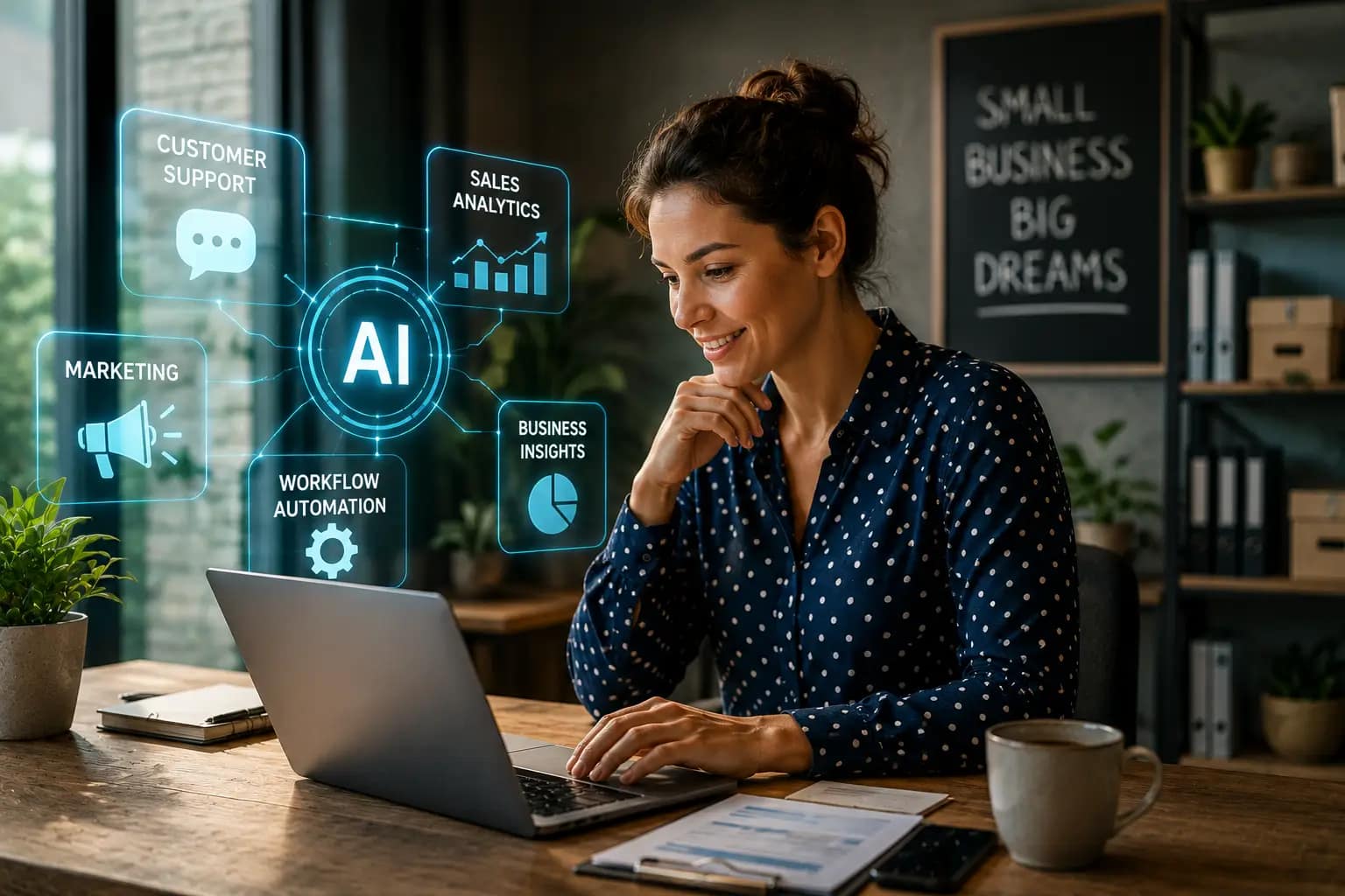 Small business owner using artificial intelligence tools to improve productivity, customer support, marketing, and business growth in 2026.