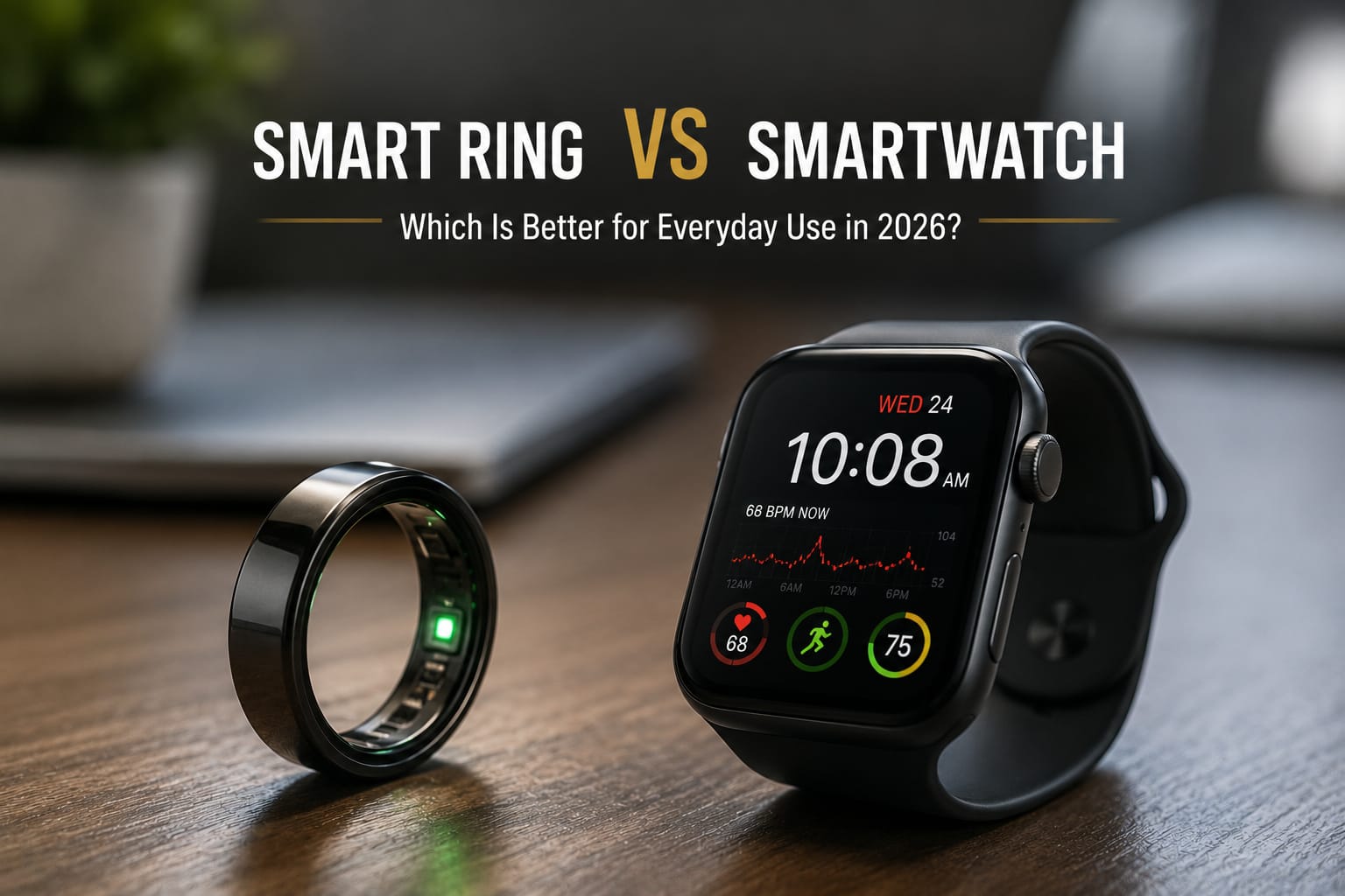 Smart ring and smartwatch comparison showing wearable technology features, health tracking capabilities, and everyday usability in 2026