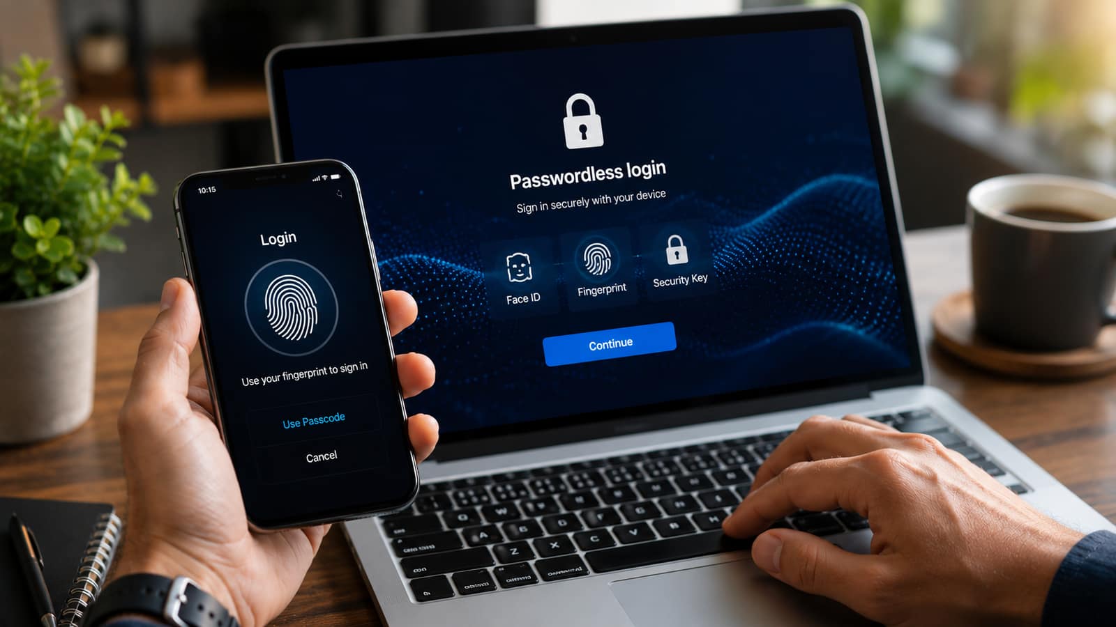 Passwordless login system using biometric authentication on a smartphone and laptop, showcasing the future of online security and passkey technology