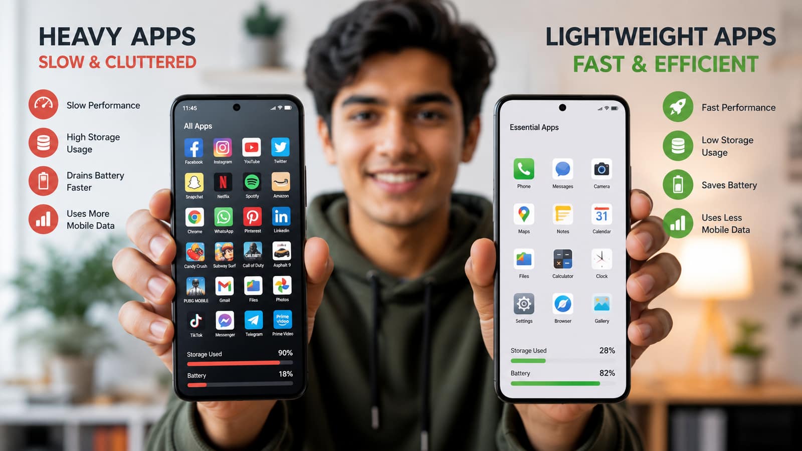 Comparison of heavy apps and lightweight apps on smartphones, highlighting differences in speed, storage usage, battery performance, and mobile efficiency in 2026.